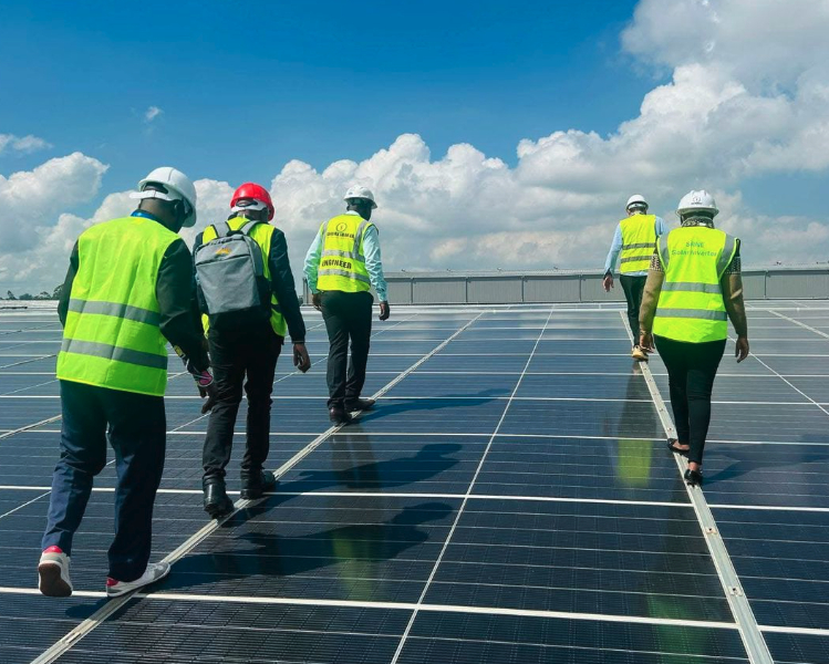 Workers in safety gear on solar panel installation